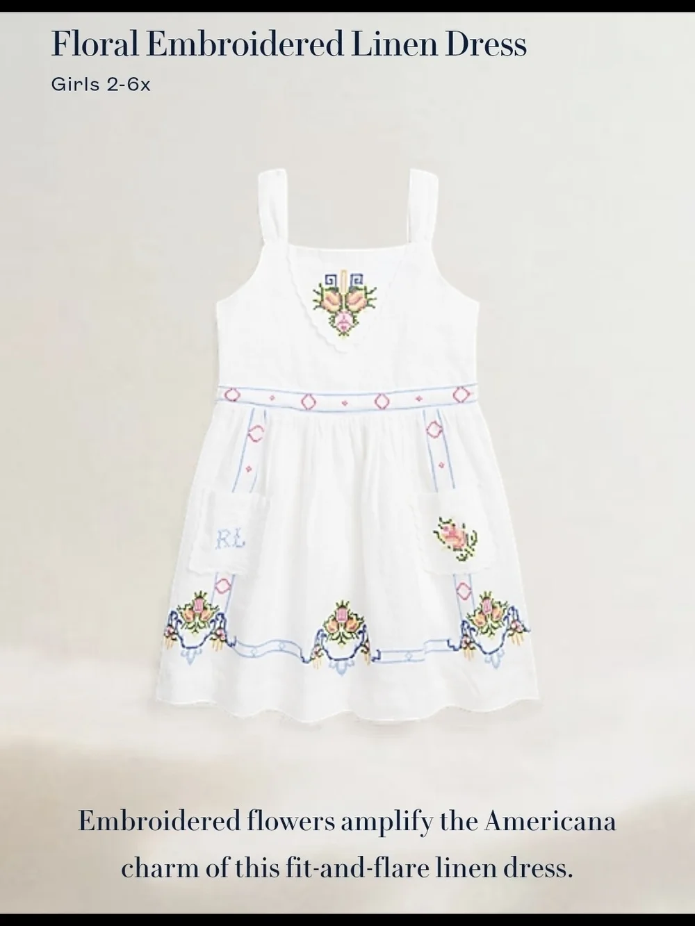 Ralph Lauren White Linen Dress with Multicolor Floral Embroidery Size 6 Girls